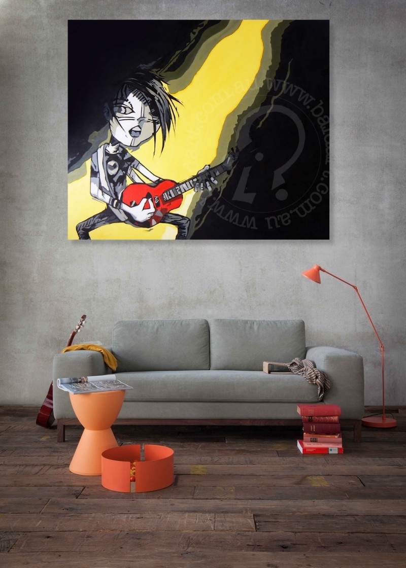 Living room with a gray sofa, orange lamp, and a large painting of a person playing guitar on the wall.