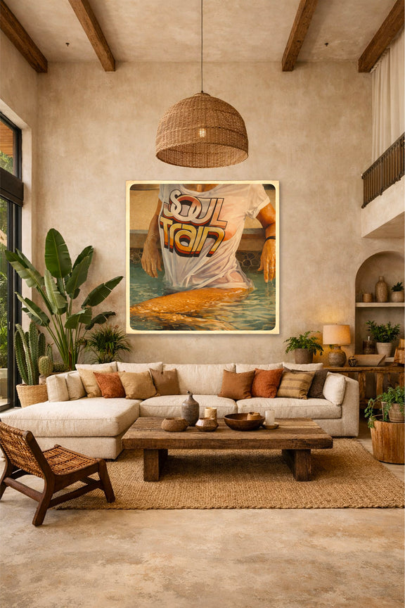 Cozy living room with a beige sofa, wooden coffee table, and decorative wall art.