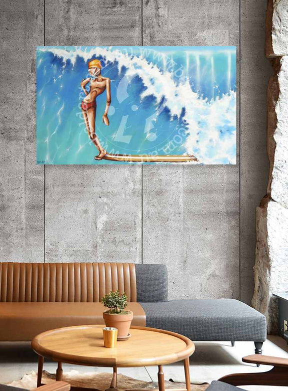 Modern living room with a painting of a mermaid on a wave, a wooden coffee table, and a sofa.