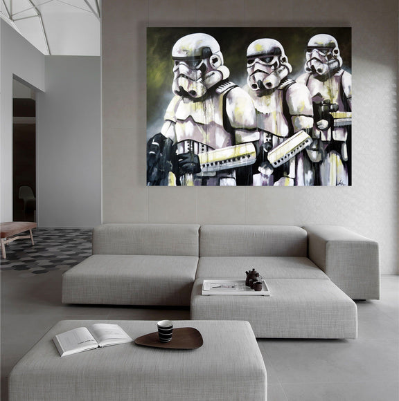 Living room featuring a striking painting of Star Wars stormtroopers, blending pop culture with home decor.