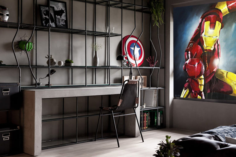 A modern bedroom showcasing a large Iron Man artwork on the wall, enhancing the room's superhero theme.