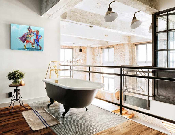 Modern bathroom with freestanding bathtub, large windows, and decorative elements.