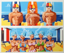 A canvas artwork featuring a group of stylized, colorful characters at the beach, possibly surfers, with a surfboard and beach umbrella in the background.