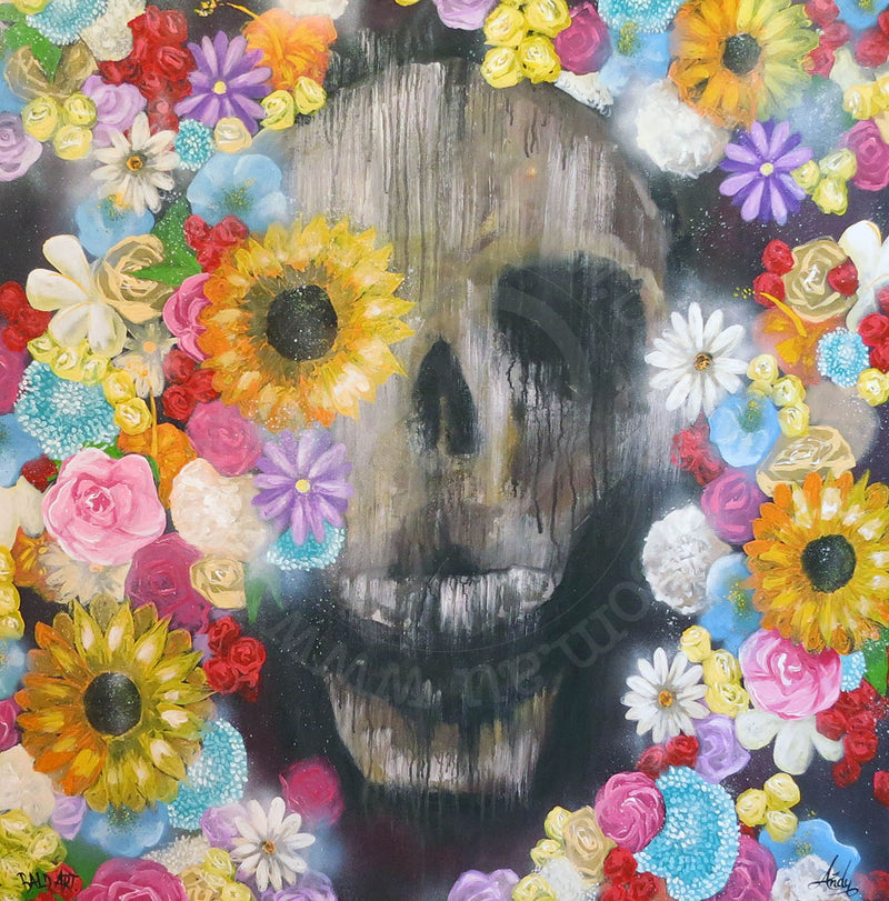 A canvas artwork featuring a skull surrounded by colorful flowers and foliage, representing the theme 'All things good and evil'.