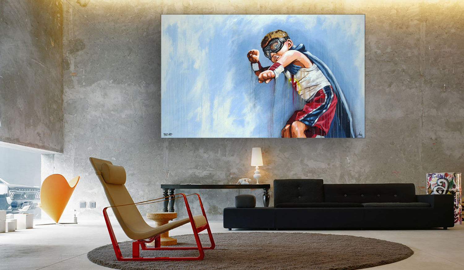 A wall-mounted painting depicting a man engaged in a boxing match within a ring, showcasing athleticism and energy.