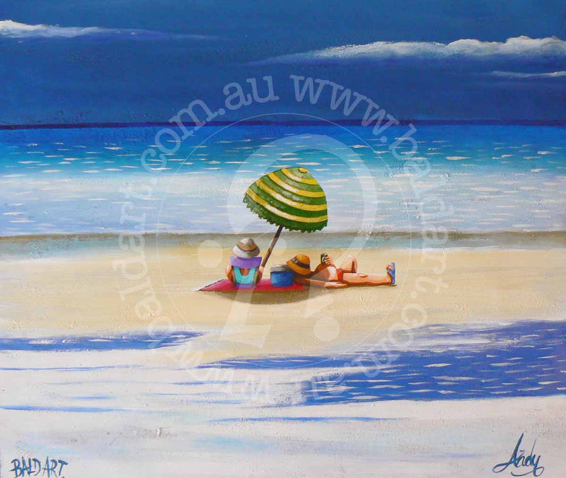A painting featuring a green and white striped umbrella, a pink and blue beach chair, and a person lying on the sand at the beach.
