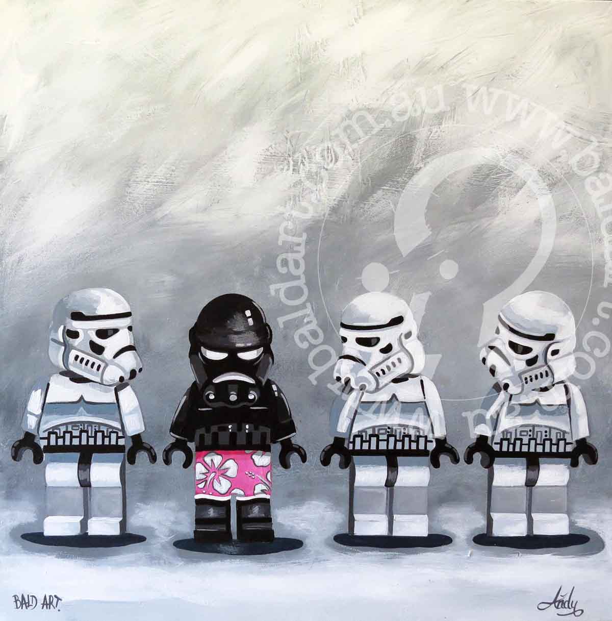 A playful artwork featuring storm troopers clad in pink underwear, contrasting their usual armor in a vibrant setting.
