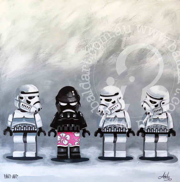 A playful artwork featuring storm troopers clad in pink underwear, contrasting their usual armor in a vibrant setting.