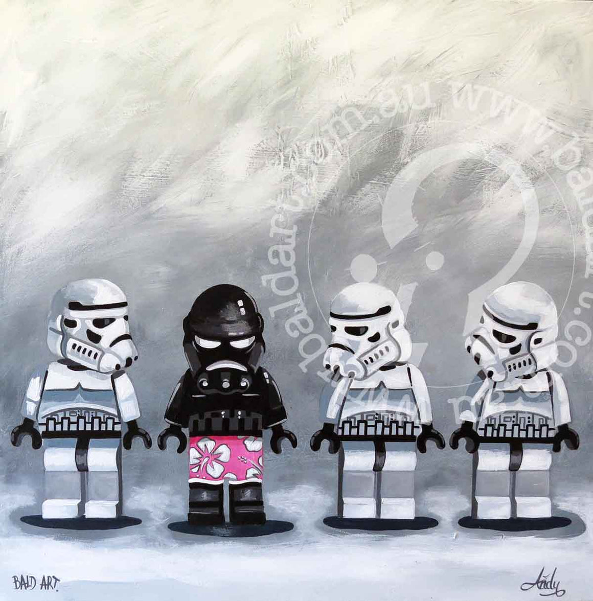 A playful artwork featuring storm troopers clad in pink underwear, contrasting their usual armor in a vibrant setting.