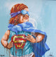 A painting of a super-hero character with a blue cape and red hair, with a signature and date 'Andy Baker 2017' at the bottom.