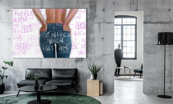 A wall-mounted painting featuring a woman dressed in jeans, showcasing her figure in a vibrant style.