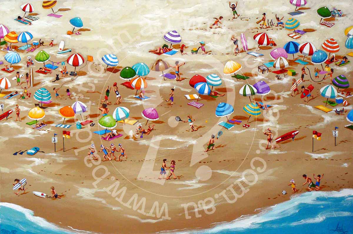 A lively beach scene with people relaxing under bright umbrellas on a sunny day.