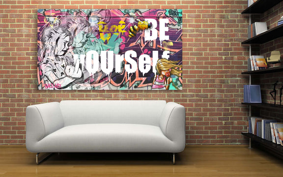 A sleek white chair located in front of a weathered brick wall, emphasizing the interplay of modern and traditional elements.