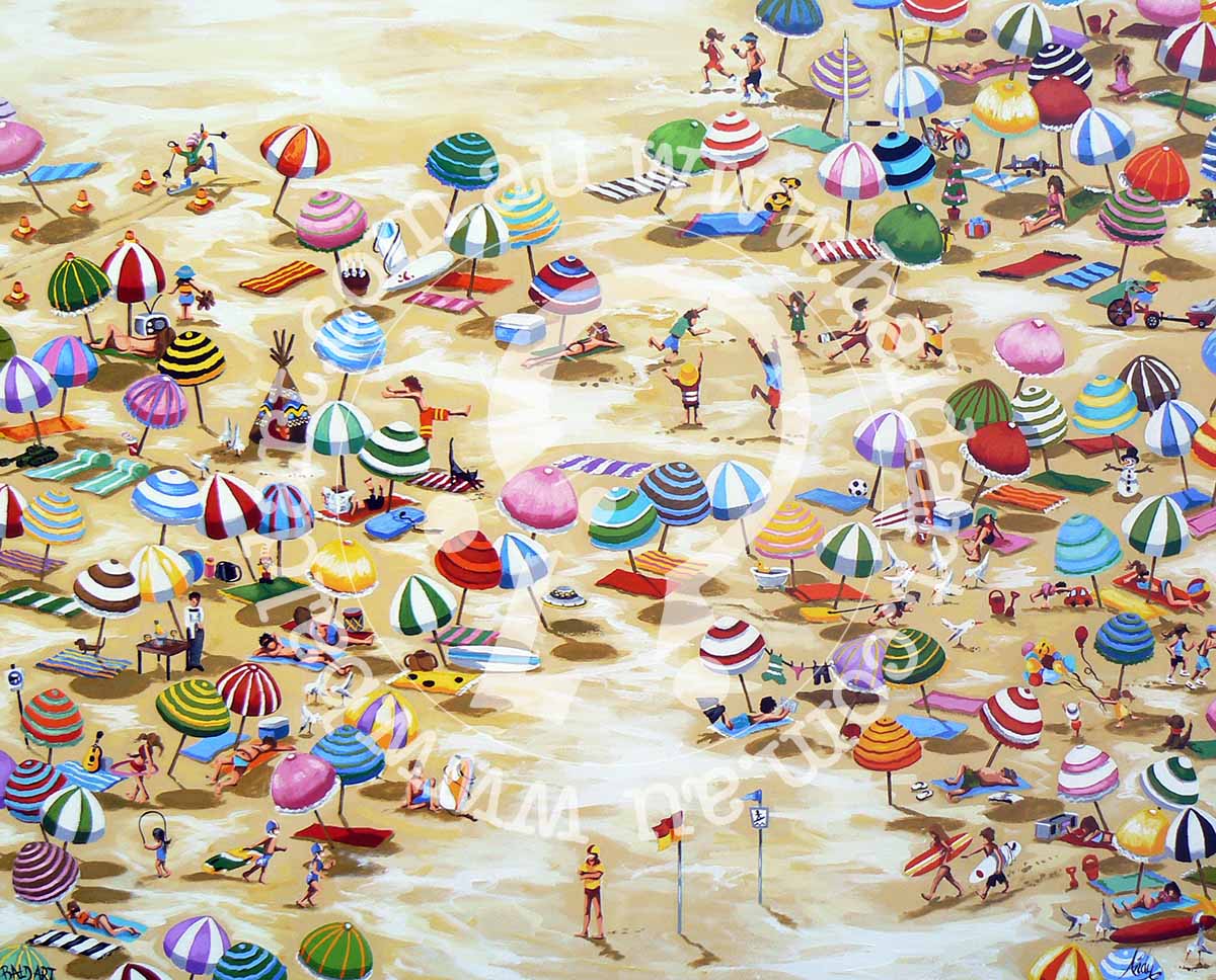 A lively beach scene painting featuring people relaxing under bright umbrellas on a sunny day by the ocean.