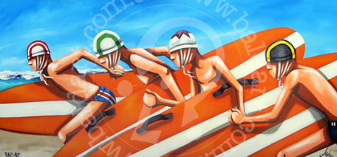 A colorful artwork featuring stylized characters in a beach or surf setting, with a focus on board sports.