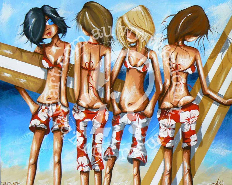 A painting of three stylized female figures wearing bikinis and boardshorts, with a beach and surf theme in the background.