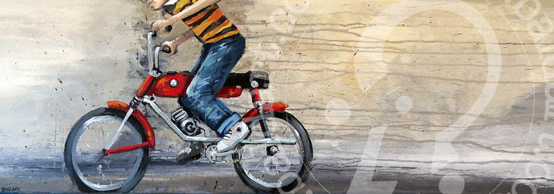 A colorful painting of a boy happily riding his bicycle in a sunny outdoor setting.