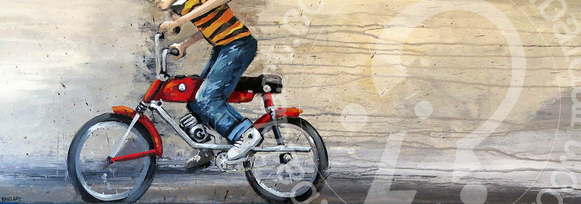 A colorful painting of a boy happily riding his bicycle in a sunny outdoor setting.