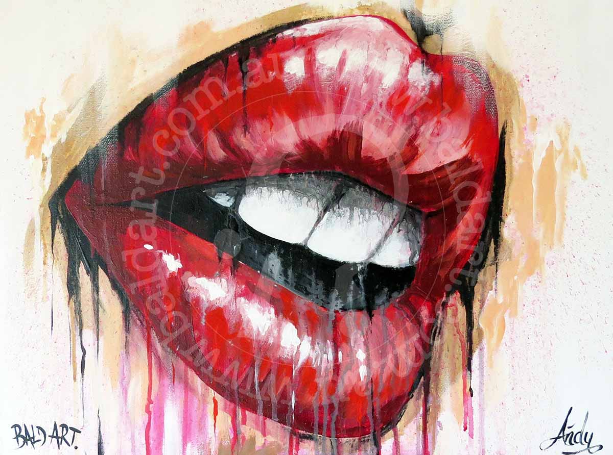 Limited edition artwork of multicolored lips with a black background, signed by the artist.