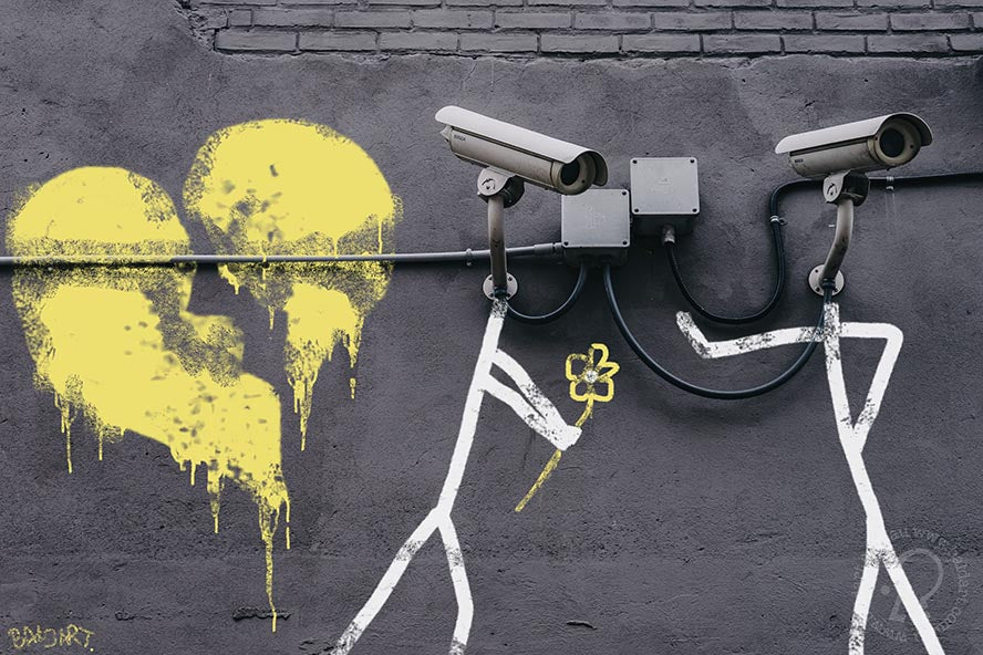 Graffiti-style artwork on a wall featuring a stylized character with a flower and a skull, with CCTV cameras and vandalized paint.