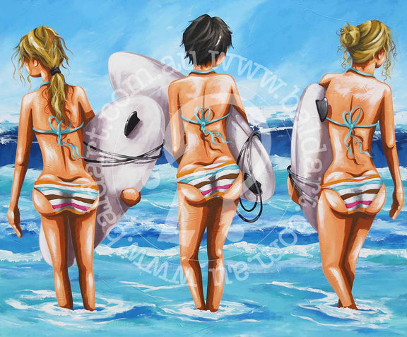 Three women in bikinis stand together, each holding a surfboard, ready for a day of surfing at the beach.