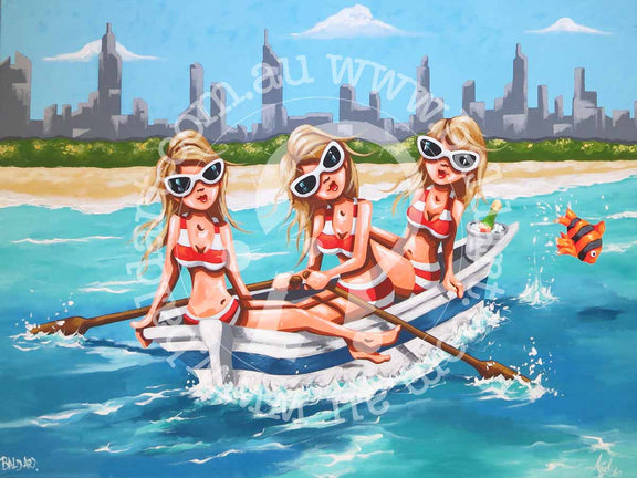 Three girls paddle a rowboat with the Chicago skyline visible in the background on a clear day.