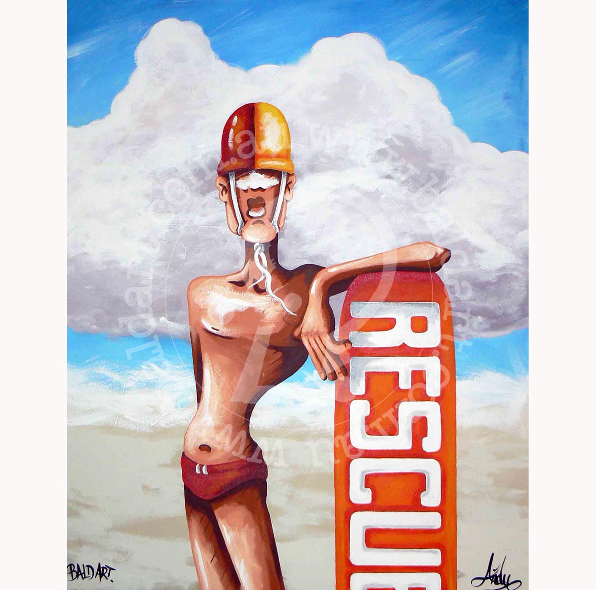 A contemporary artwork featuring a stylized character with a surfboard and a red and orange backdrop, with the text 'RESCUE' prominently displayed.