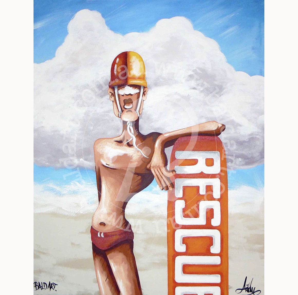 A contemporary artwork featuring a stylized character with a surfboard and a red and orange backdrop, with the text 'RESCUE' prominently displayed.