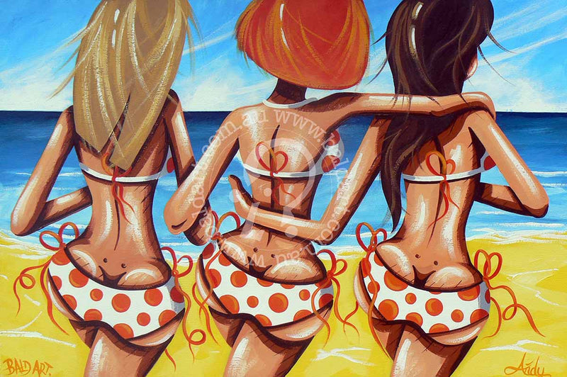 A painting of three stylized female figures in bikinis on the beach, with a vibrant blue sky and clear ocean in the background.