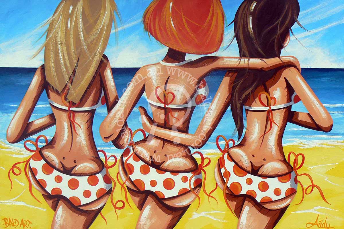 A painting of three stylized female figures in bikinis on the beach, with a vibrant blue sky and clear ocean in the background.