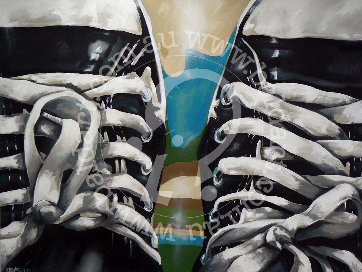 A painting depicting a pair of shoes with a skeleton inside, blending elements of fashion and macabre art.