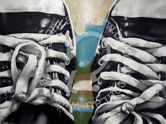A painting depicting a pair of shoes with a skeleton inside, blending elements of fashion and macabre art.