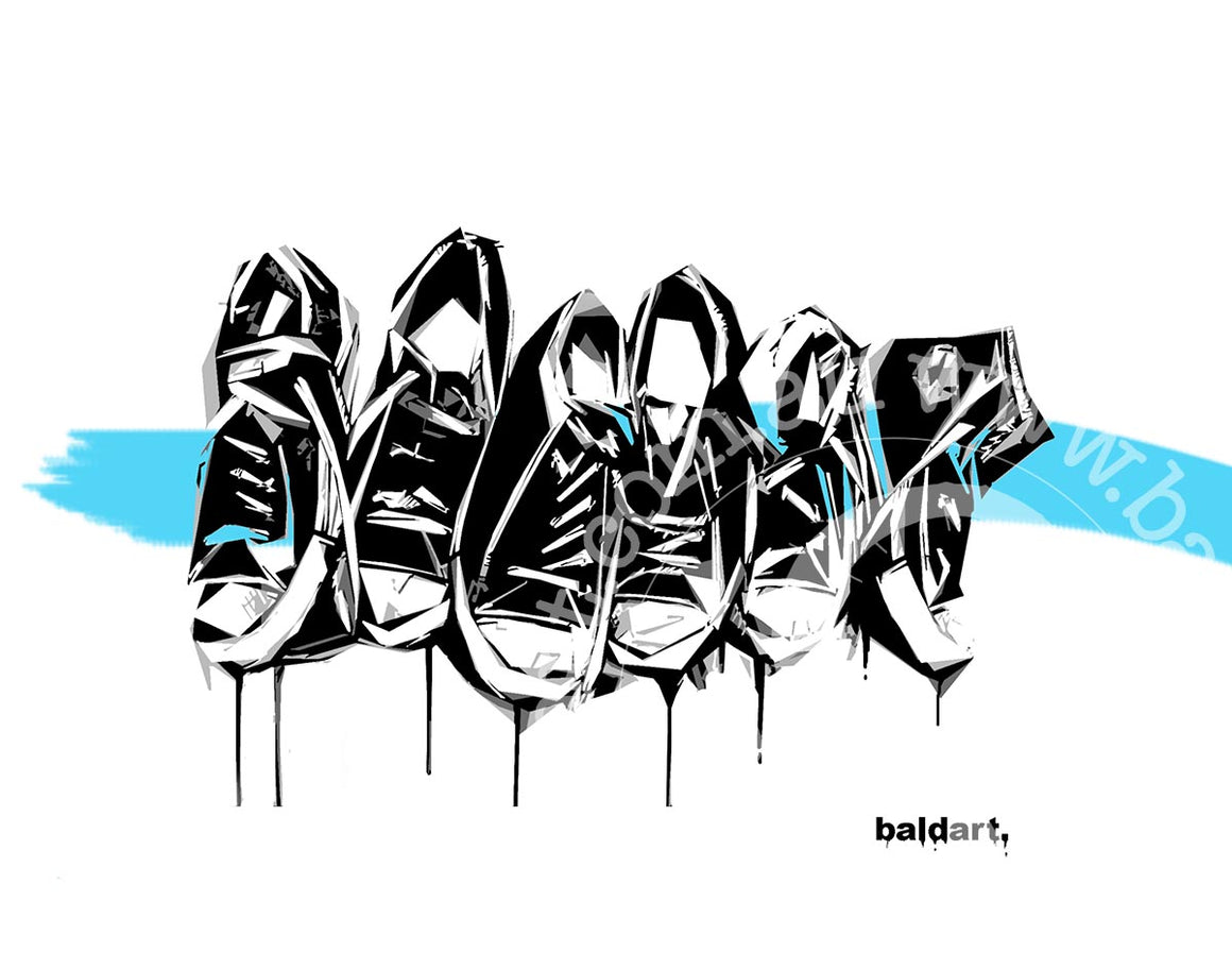 A drawing of a pair of sneakers splattered with blue paint, showcasing a creative and artistic design.
