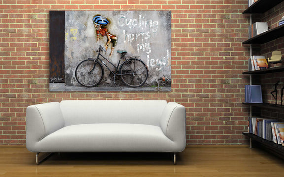 A colorful bicycle painting on a weathered brick wall, illustrating a blend of street art and everyday life.