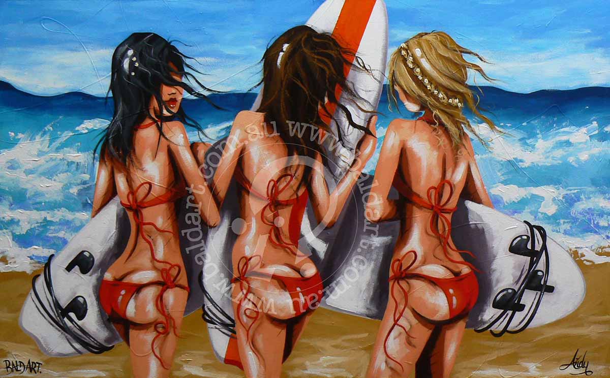 A painting featuring three stylized female figures on the beach, two of which are holding surfboards, with a vibrant blue ocean and white waves in the background.