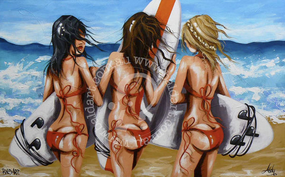 A painting featuring three stylized female figures on the beach, two of which are holding surfboards, with a vibrant blue ocean and white waves in the background.