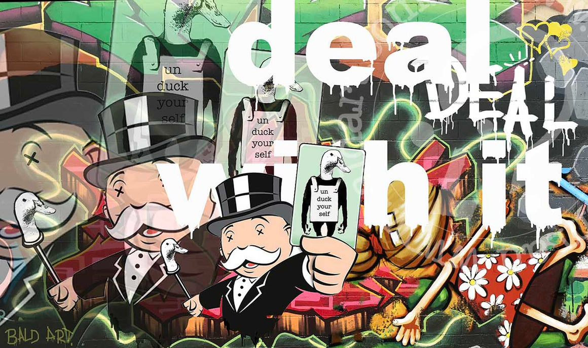 A collection of contemporary artwork with various characters and phrases, such as 'DEAL WITH IT!' and 'I DON'T GET SEEN', set against a graffiti-style background.