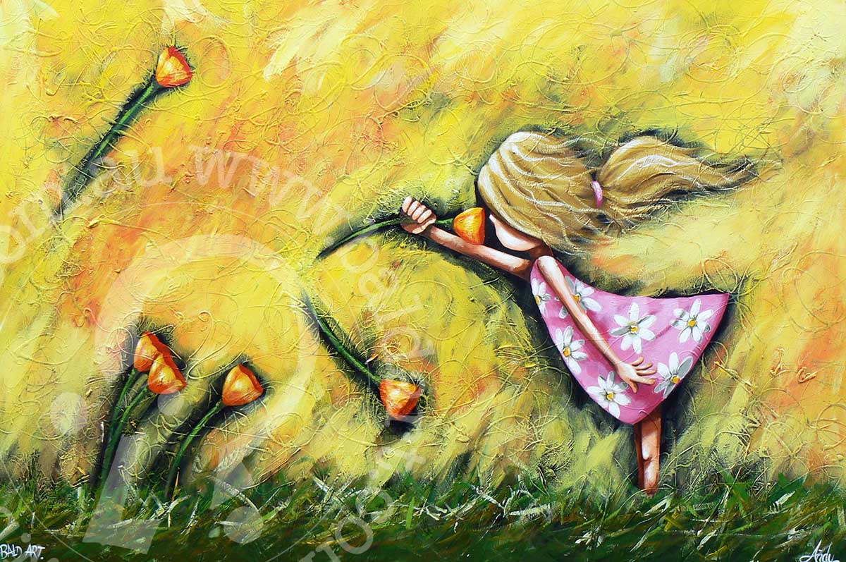 A painting of a girl in a pink dress with yellow flowers and a blue sky background, signed by Andy Baker.