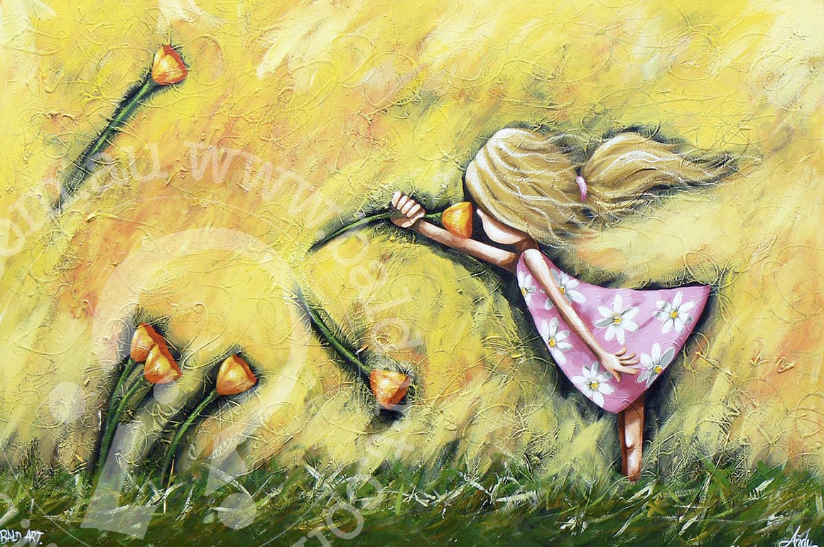 A painting of a girl in a pink dress with yellow flowers and a blue sky background, signed by Andy Baker.