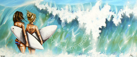 A colorful painting of two women in the ocean, holding surfboards, with waves and a bright atmosphere in the background.
