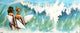 A colorful painting of two women in the ocean, holding surfboards, with waves and a bright atmosphere in the background.