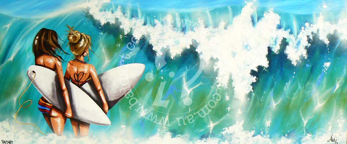 A colorful painting of two women in the ocean, holding surfboards, with waves and a bright atmosphere in the background.