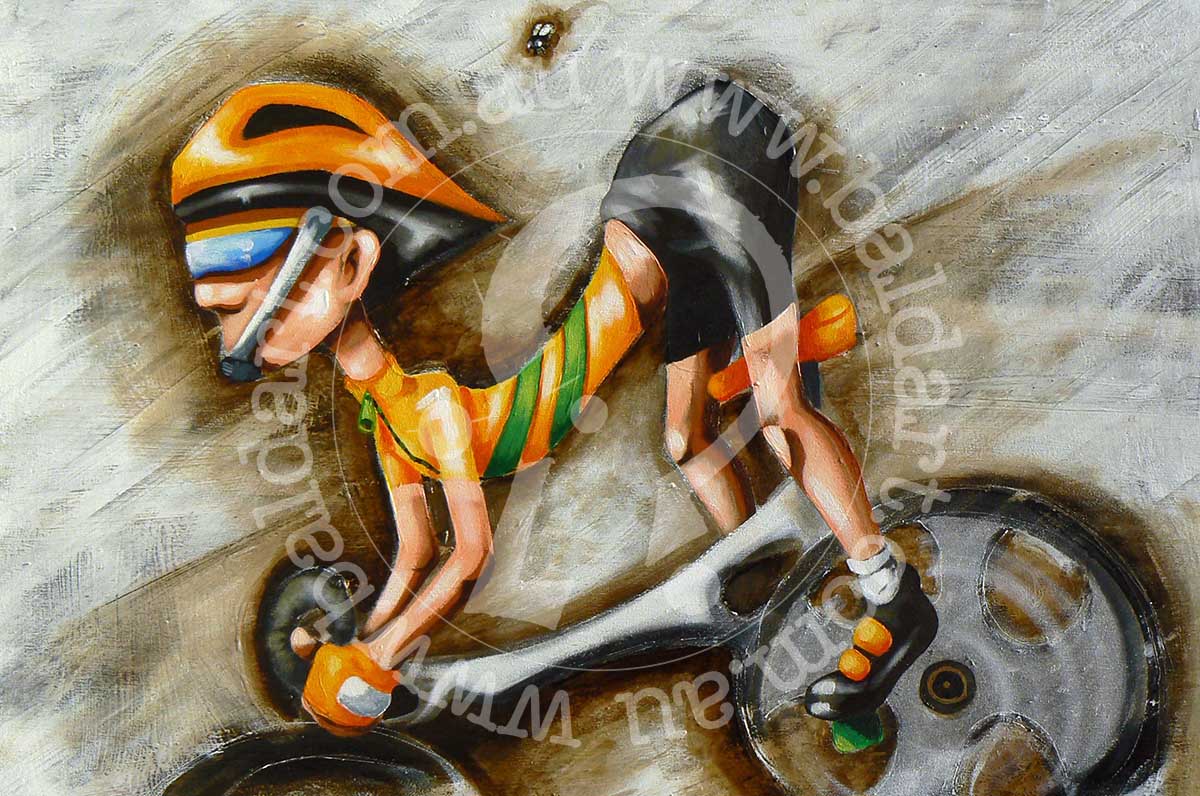 A stylized artistic representation of a person on a bicycle, with a focus on bold colors and abstract elements.