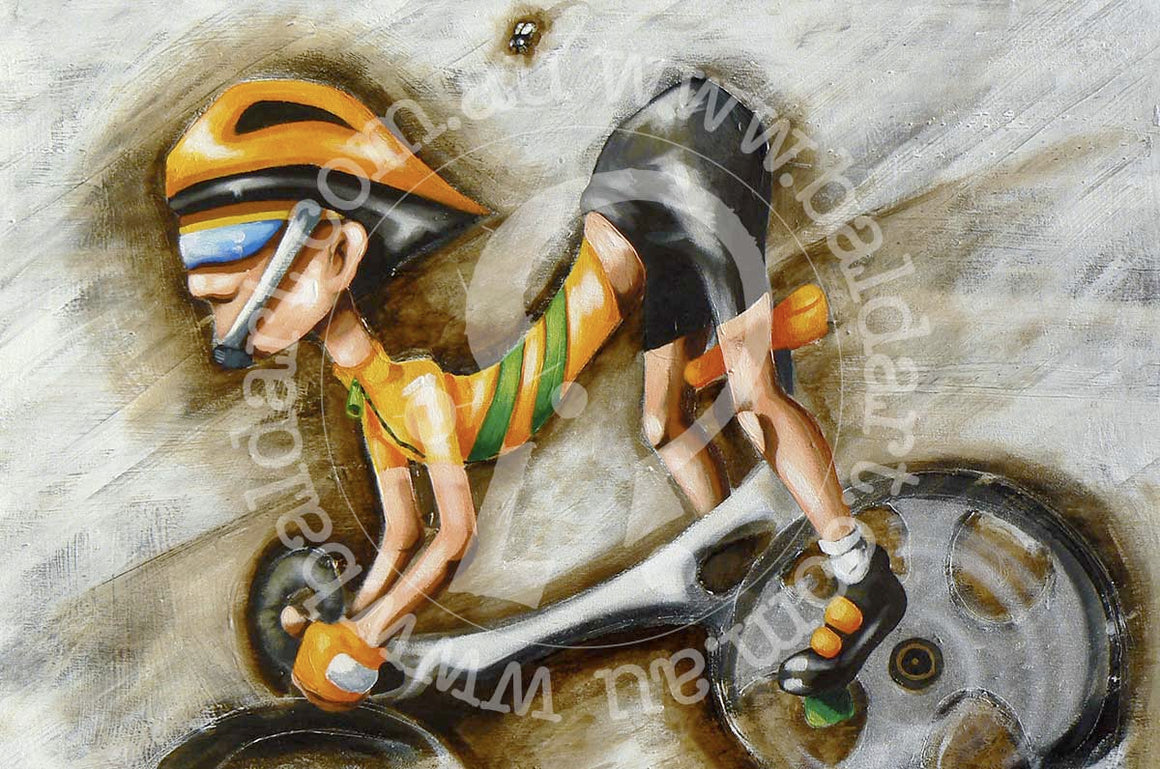 A stylized artistic representation of a person on a bicycle, with a focus on bold colors and abstract elements.