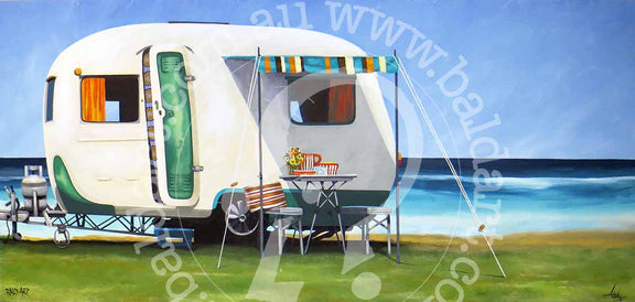 A canvas painting depicting a caravan with an awning, set up on a grassy area with a body of water and sky in the background. The caravan is painted in various colors including white, blue, and red.