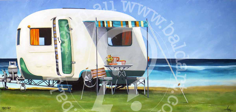 A canvas painting depicting a caravan with an awning, set up on a grassy area with a body of water and sky in the background. The caravan is painted in various colors including white, blue, and red.