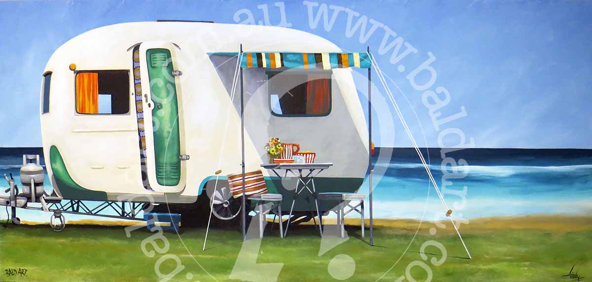 A canvas painting depicting a caravan with an awning, set up on a grassy area with a body of water and sky in the background. The caravan is painted in various colors including white, blue, and red.