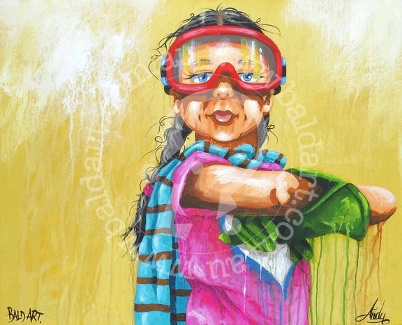 A girl in goggles and a pink scarf is depicted in a vibrant painting, showcasing her playful spirit.