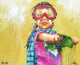 A girl in goggles and a pink scarf is depicted in a vibrant painting, showcasing her playful spirit.
