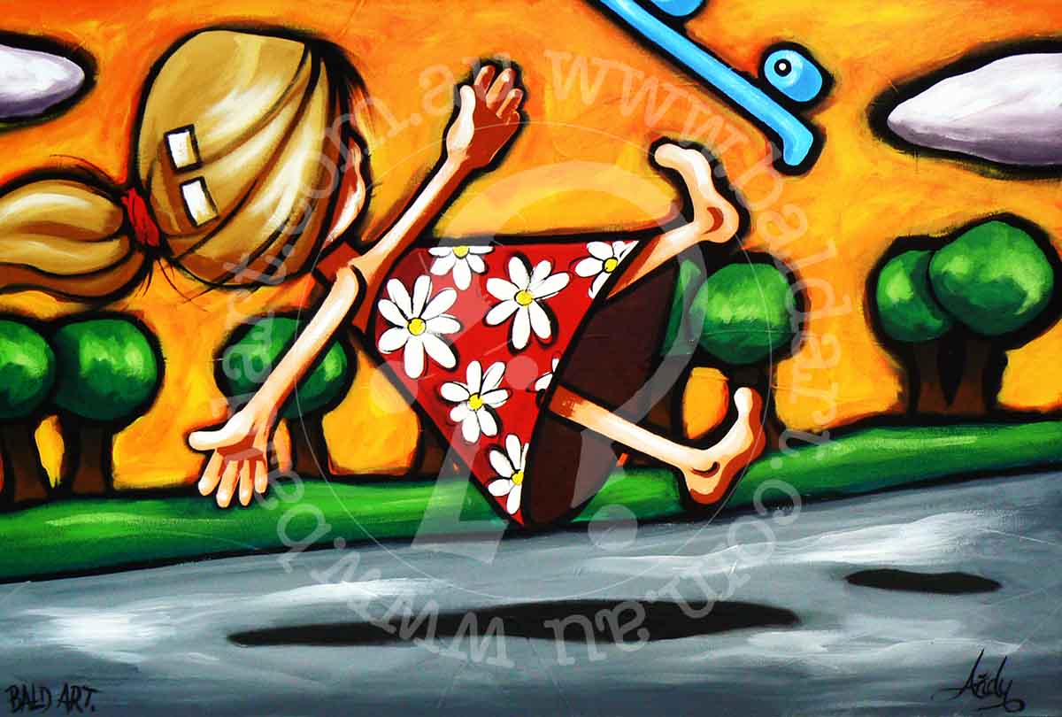 A colorful painting of a girl skateboarding along a street, illustrating her skill and the bustling environment around her.